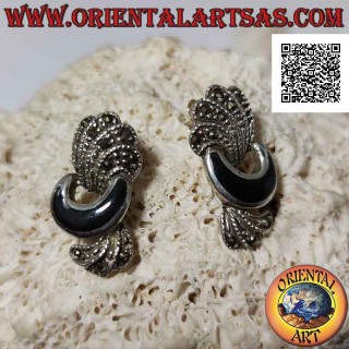 Silver lobe earrings with onyx crescent and curved bands of marcasite