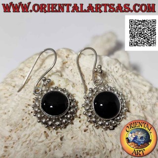 Silver earrings with round cabochon onyx surrounded by large and small balls