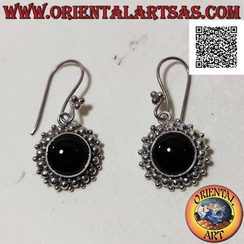 Silver earrings with round cabochon onyx surrounded by large and small balls