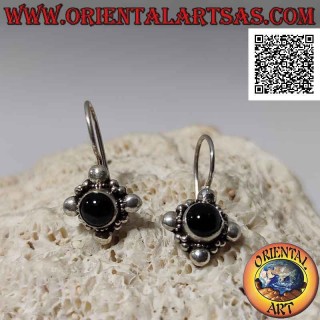Silver earrings with round cabochon onyx on ethnic setting with sphere on the four cardinal points