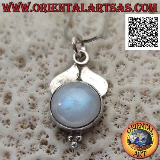 Smooth whale tail silver pendant with round rainbow moonstone and trio of balls underneath