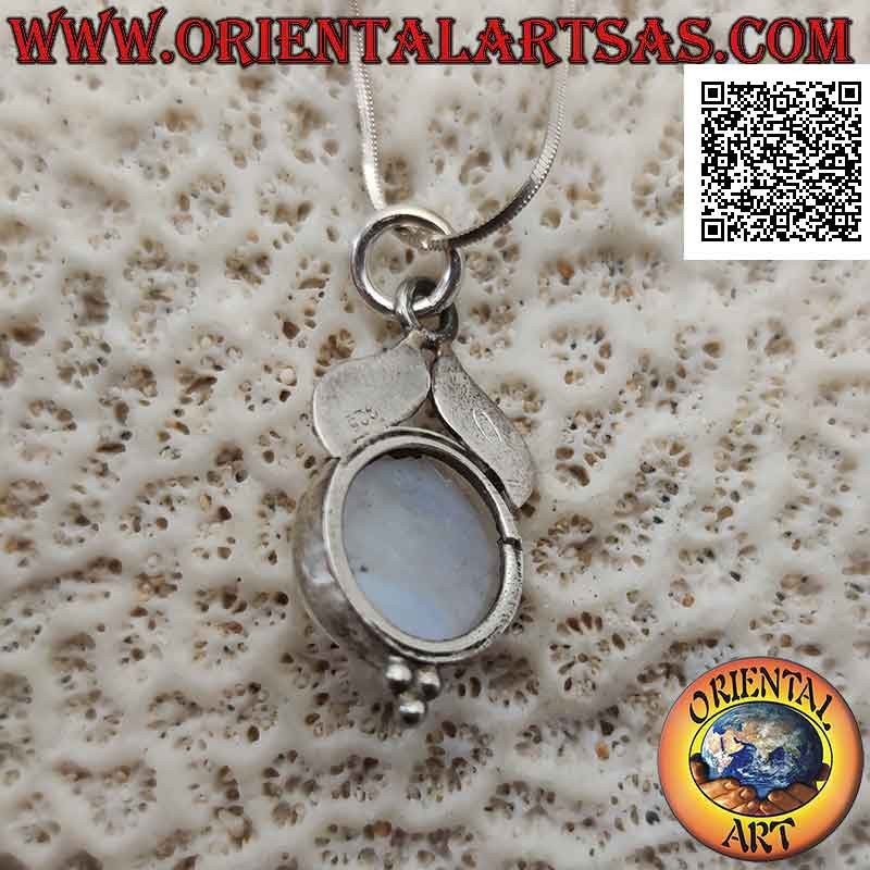 Smooth whale tail silver pendant with round rainbow moonstone and trio of balls underneath