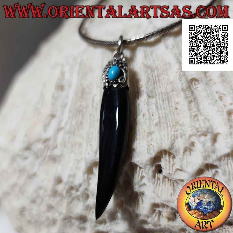 Pendentif en argent, corne d'onyx sur crochet décoré de feuille et turquoise