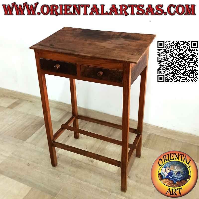 Table de conférence haute avec 2 tiroirs en bois de teck ancien
