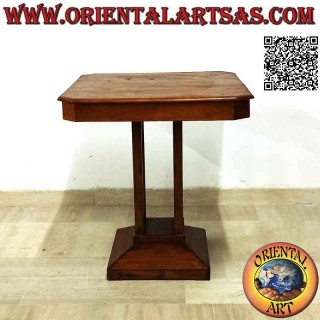 Square living room table with square central foot in antique teak wood