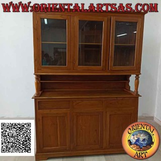 Buffet haut avec 3 tiroirs et 3 portes vitrées et 3 portes fermées en bois de teck massif