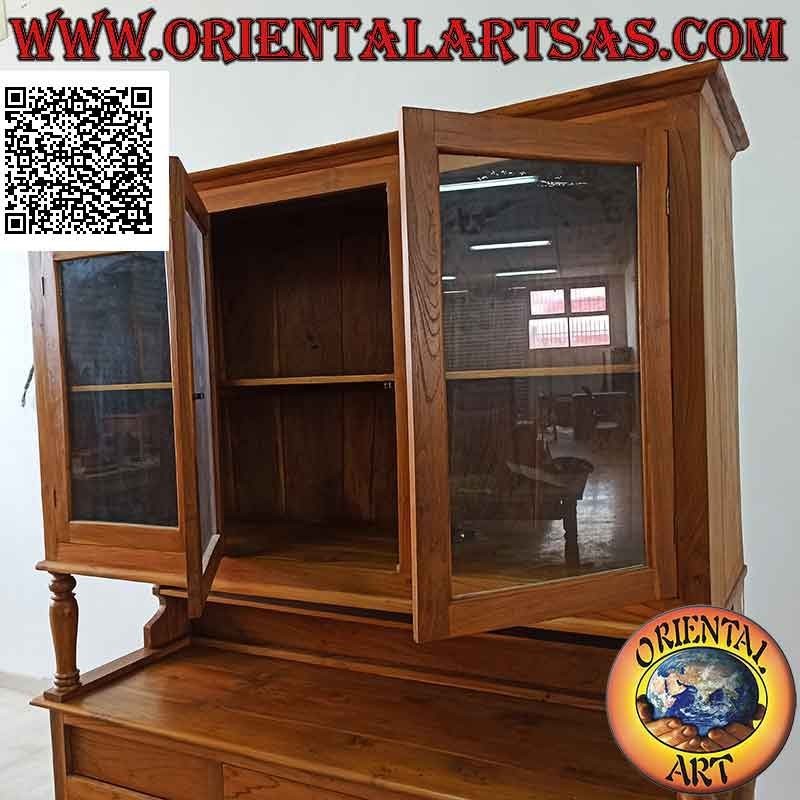 Hohes Sideboard mit 3 Schubladen und 3 Glastüren und 3 geschlossenen Türen aus massivem Teakholz