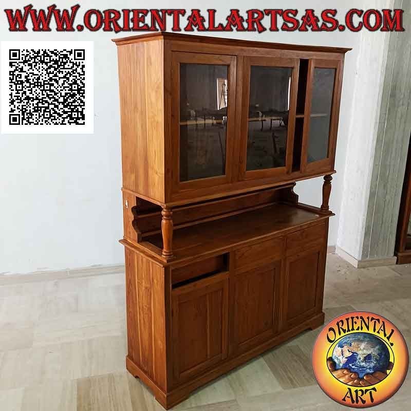 High sideboard with 3 drawers and 3 glass doors and 3 closed doors in solid teak wood