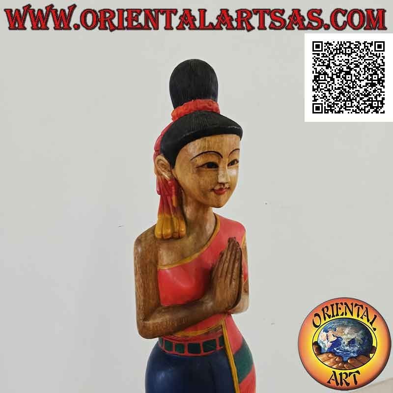 Skulptur einer thailändischen Frau in einem formellen Gruß des Willkommens "Wai oder Sawasdee" in 150 cm suar Holz (blau)