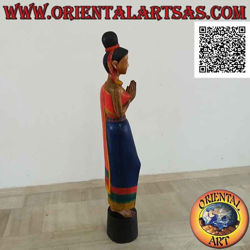 Skulptur einer thailändischen Frau in einem formellen Gruß des Willkommens "Wai oder Sawasdee" in 150 cm suar Holz (blau)