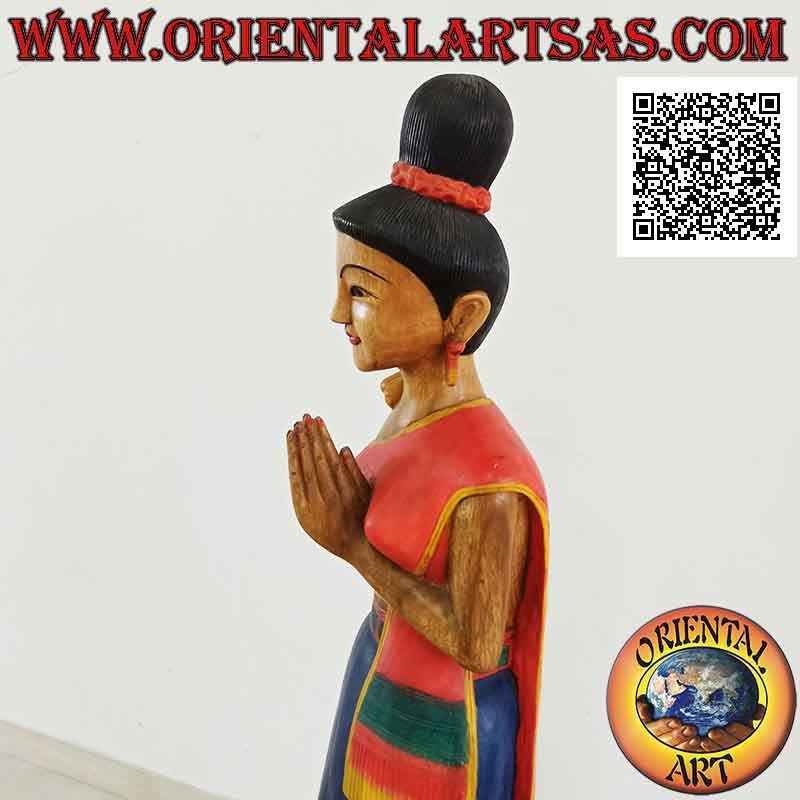 Sculpture of a Thai woman in a formal welcome greeting "Wai or Sawasdee" in 150 cm suar wood (blue)