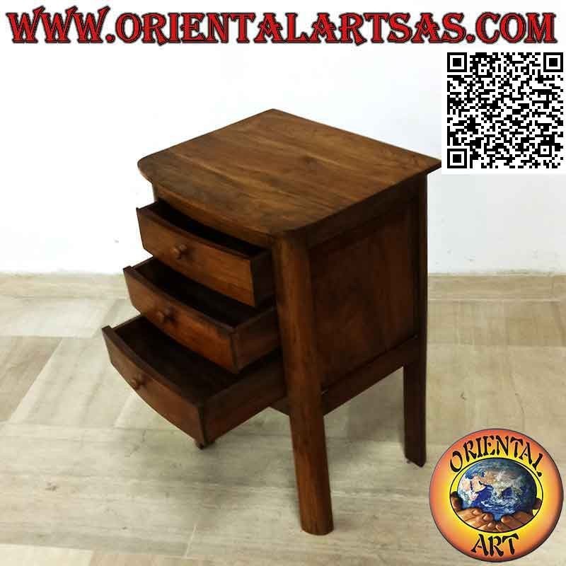 Bedside table with three drawers with high feet in teak wood