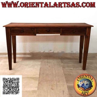 Tavolo consolle a tre cassetti con gambe quadrate a spillo in legno di teak