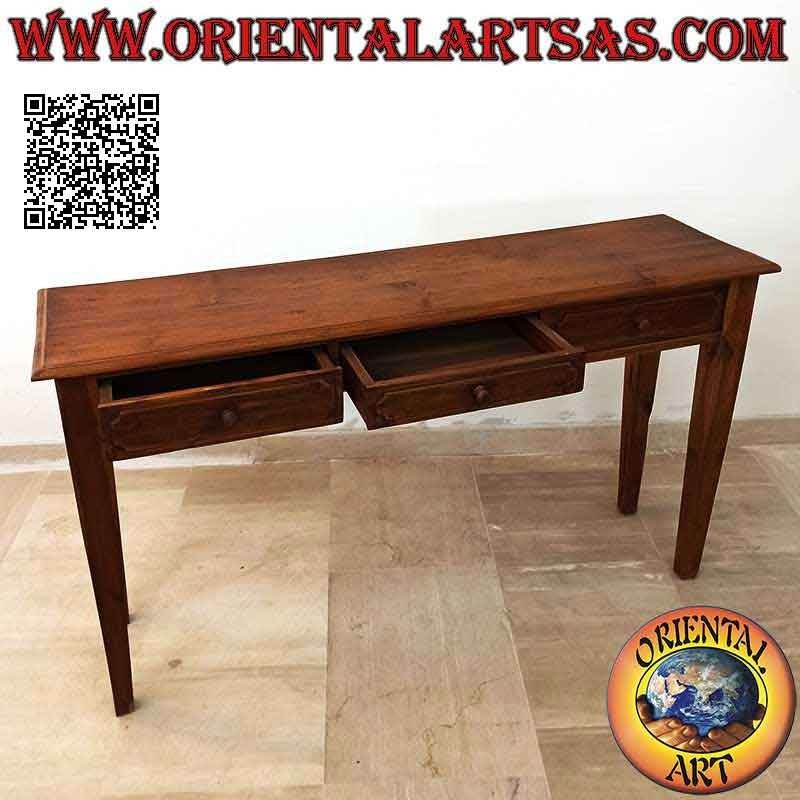 Tavolo consolle a tre cassetti con gambe quadrate a spillo in legno di teak