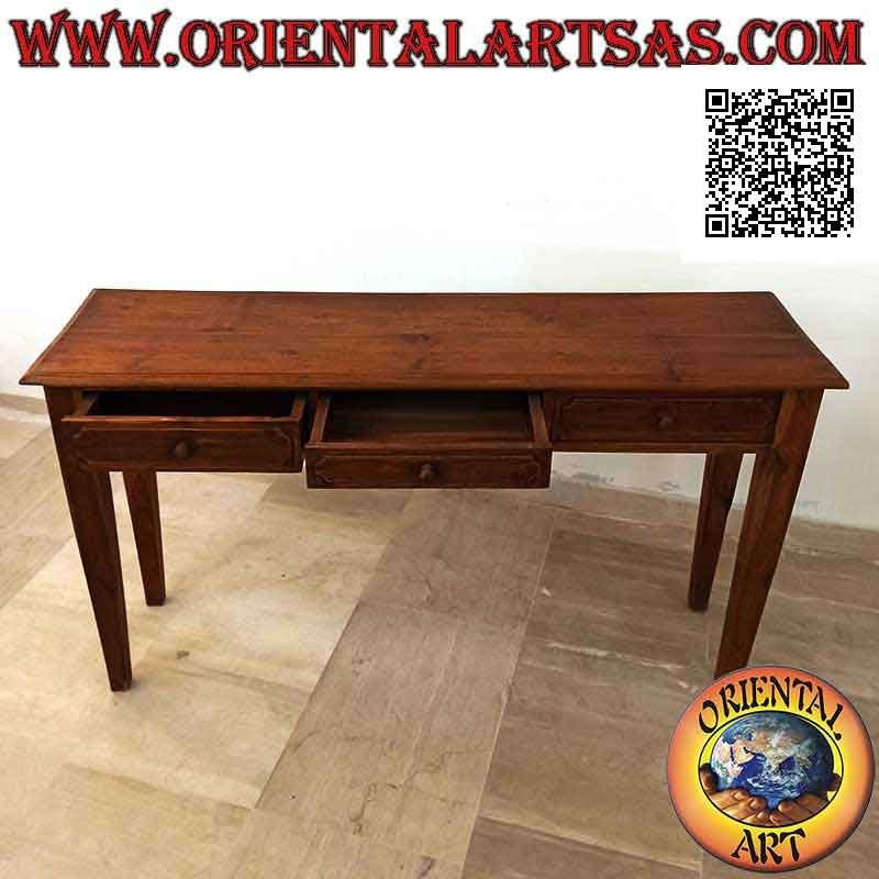 Table console à trois tiroirs avec pieds carrés à pointes en bois de teck