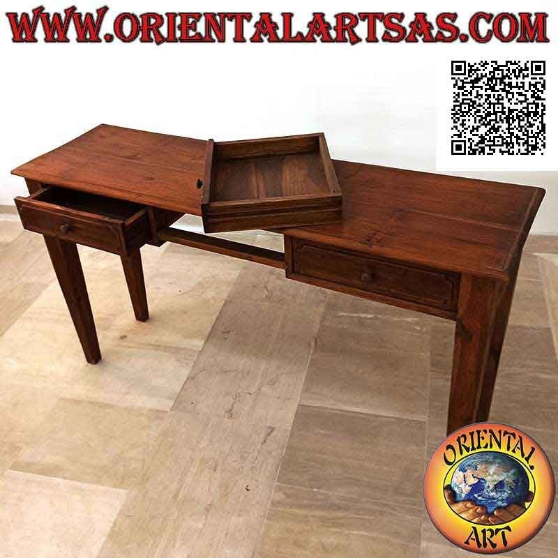 Table console à trois tiroirs avec pieds carrés à pointes en bois de teck