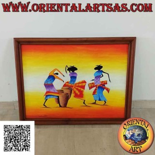 Tableau peint à la main sur bois dans le style du Sahara, "Musiciens et danseurs"