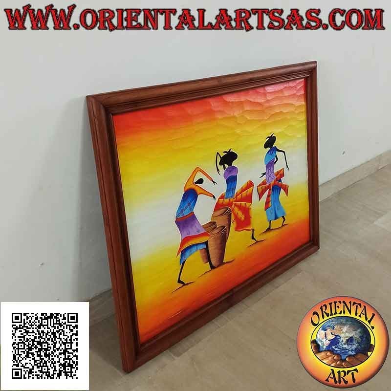 Tableau peint à la main sur bois dans le style du Sahara, "Musiciens et danseurs"