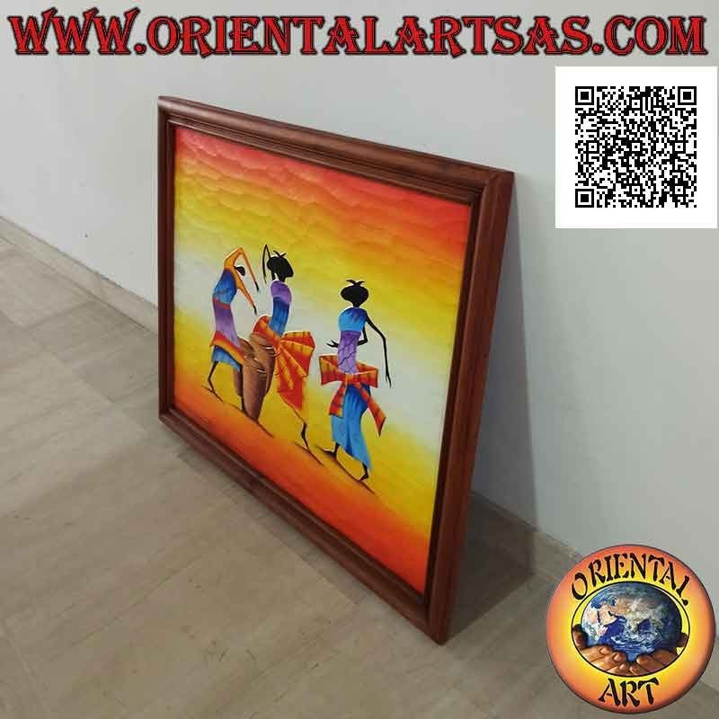 Tableau peint à la main sur bois dans le style du Sahara, "Musiciens et danseurs"