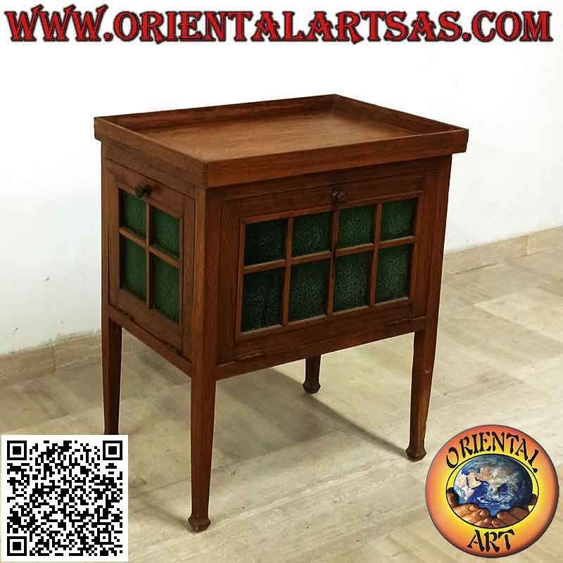 Stehtisch mit Glasschrank (grünes Glas) aus antikem Teakholz