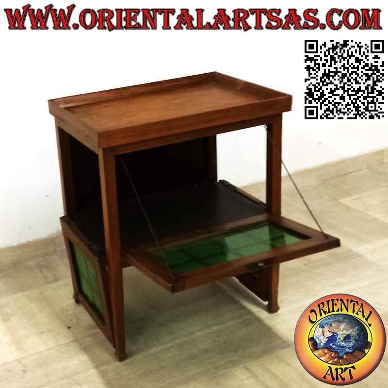 Tavolino bar a vetrinetta (vetri verdi) in legno antico di teak