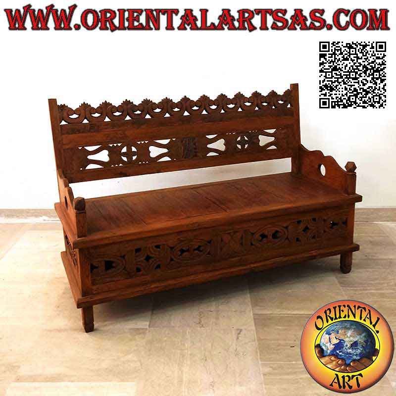 Bench - chest with inlaid back and central opening in teak wood