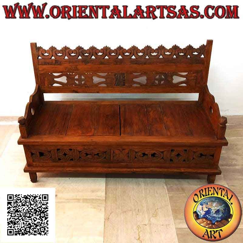 Bench - chest with inlaid back and central opening in teak wood