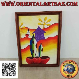 Hand painted picture on wood in Sahara style, "Family in the desert dunes"