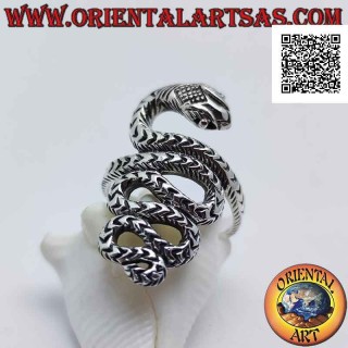 Anillo de plata en forma de víbora con piel grabada en movimiento sinuoso (grande)
