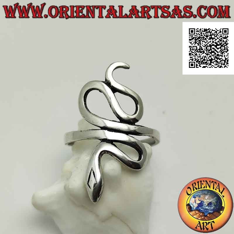 Silver ring in the shape of a snake with smooth skin in sinuous movement