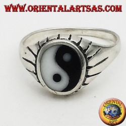 silver yin yang Tao ring carved beams