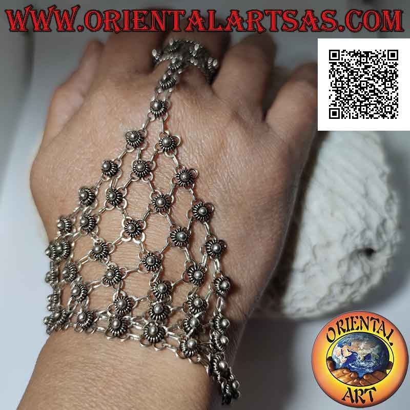 Ils s'embrassent en argent 925 ‰ petites fleurs reliées entre elles et bague fleur ajustable