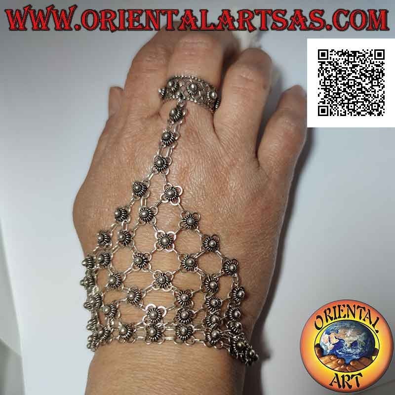 Ils s'embrassent en argent 925 ‰ petites fleurs reliées entre elles et bague fleur ajustable