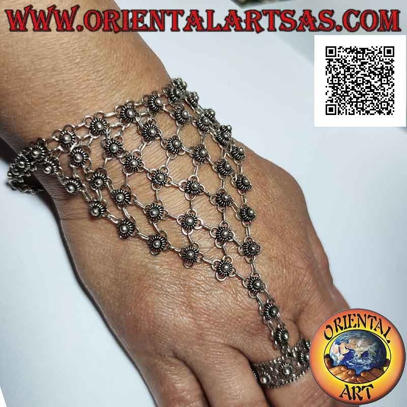 Ils s'embrassent en argent 925 ‰ petites fleurs reliées entre elles et bague fleur ajustable