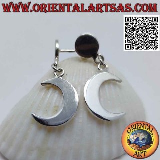 Silver earrings with smooth lobe plate and smooth crescent moon pendant