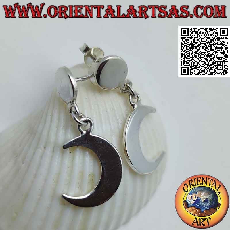 Silver earrings with smooth lobe plate and smooth crescent moon pendant