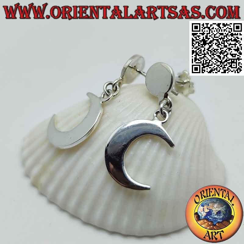 Silver earrings with smooth lobe plate and smooth crescent moon pendant