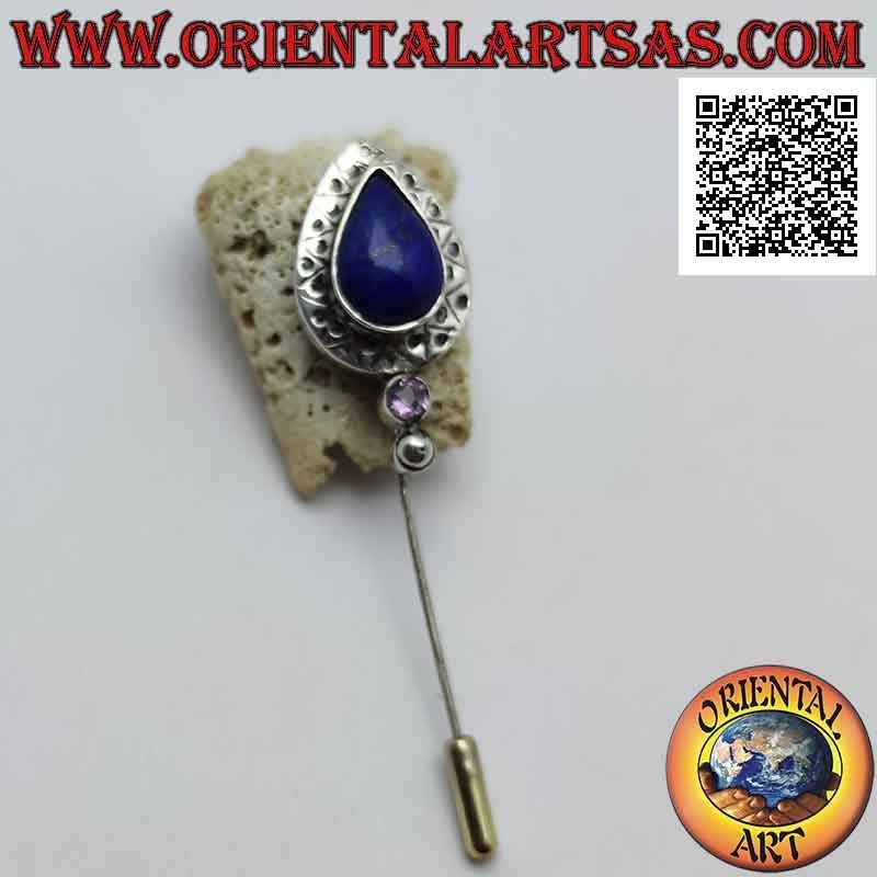 Silver needle brooch with drop-shaped lapis lazuli surrounded by decorative engravings and round amethyst underneath