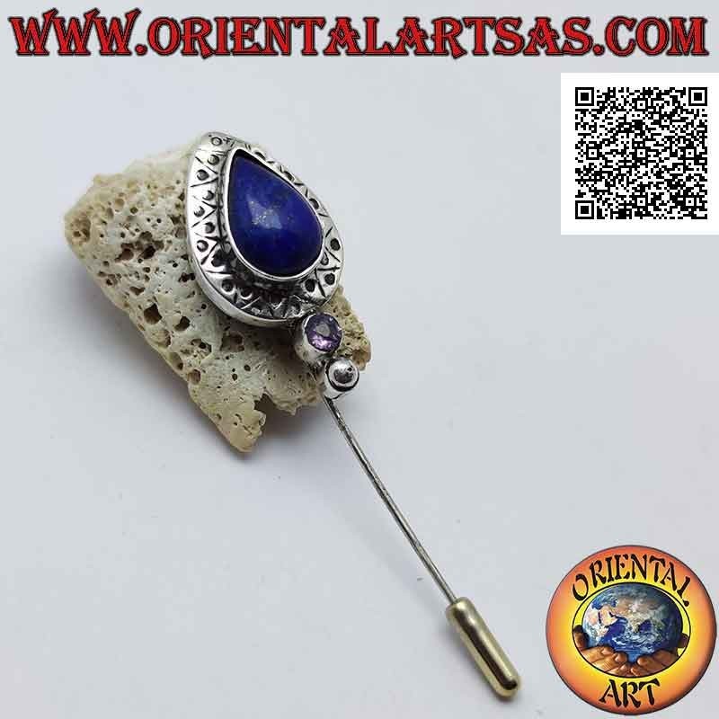 Broche aiguille en argent avec lapis lazuli en forme de goutte entouré de gravures décoratives et améthyste ronde en dessous