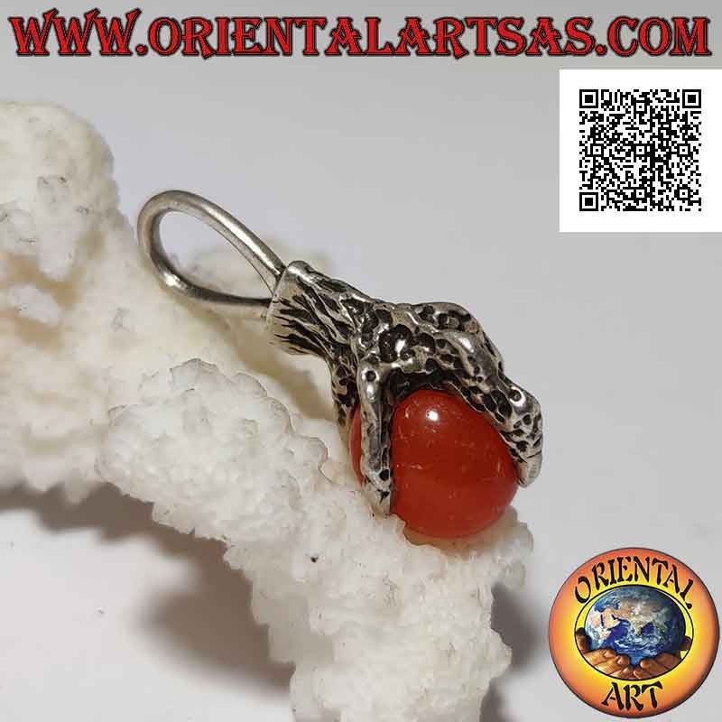 Silver pendant, carnelian egg grabbed by a four-clawed paw