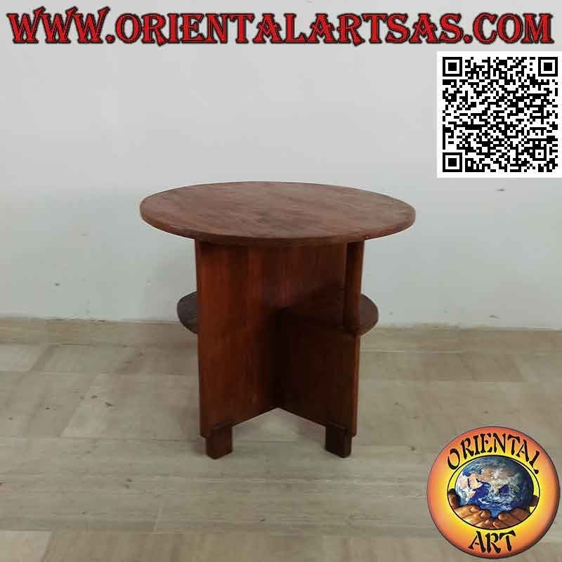 Table basse ronde avec étagères asymétriques en bois de teck ancien
