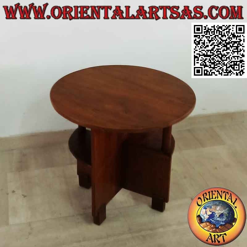 Round coffee table with asymmetrical shelves in antique teak wood