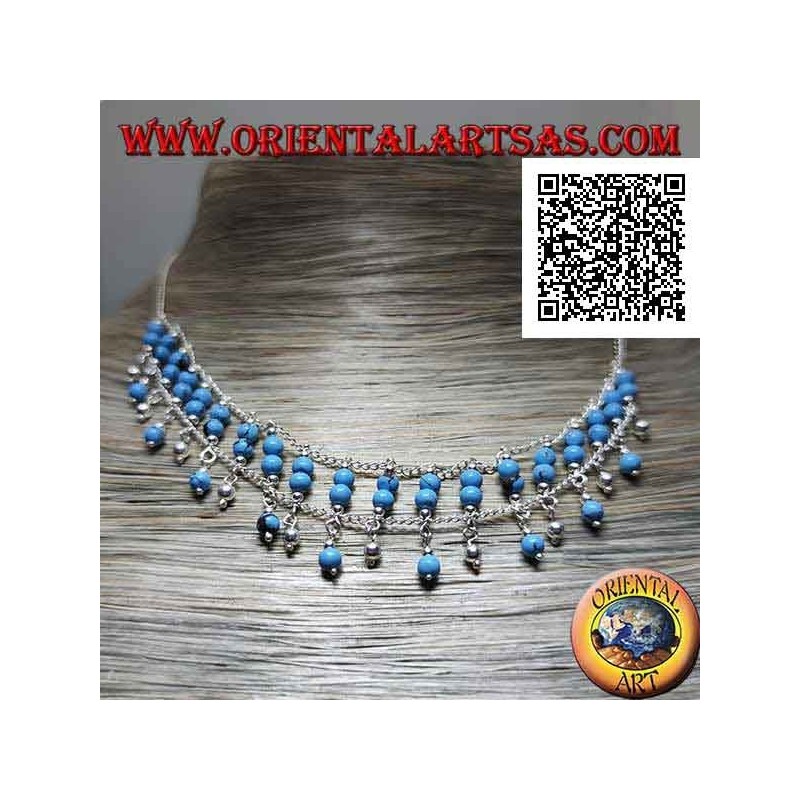 925 ‰ silver choker necklace with double row of turquoise beads on the chest and dangling beads