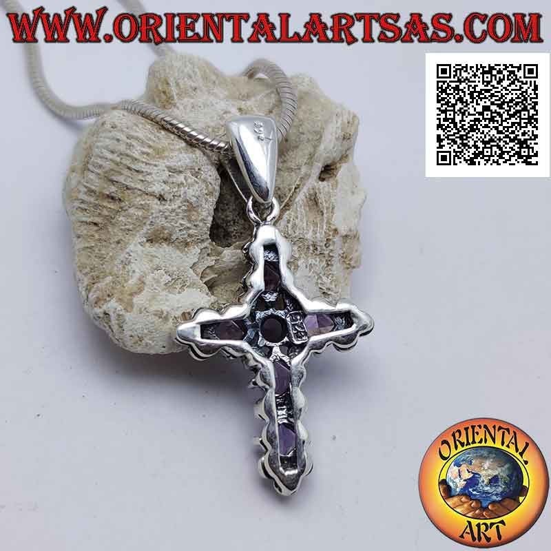 Silver pendant in the shape of a cross with 5 rhomboidal square amethysts and 1 central round and marcasite around
