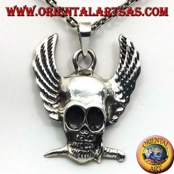 Skull with Wings and Dagger in Teeth Pendant 925 Sterling Silver - Oriental Art