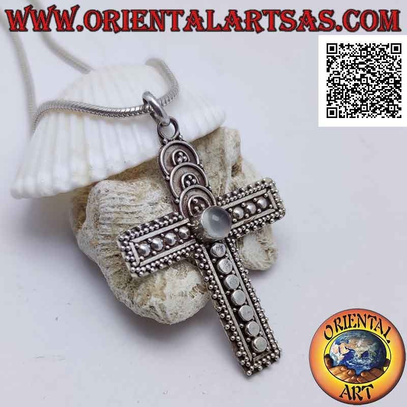 Silberanhänger Christliches Kreuz mit Mondstein (Adularia) rundem zentralen Cabochon und Verzierungen mit Kugeln