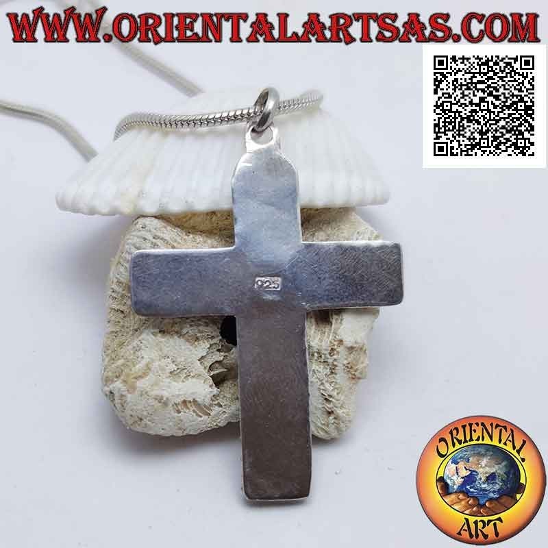 Silberanhänger Christliches Kreuz mit Mondstein (Adularia) rundem zentralen Cabochon und Verzierungen mit Kugeln
