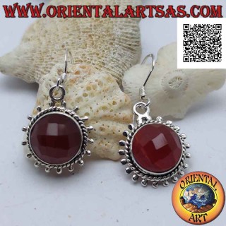 Silver earrings with faceted round carnelian sun and silver rays