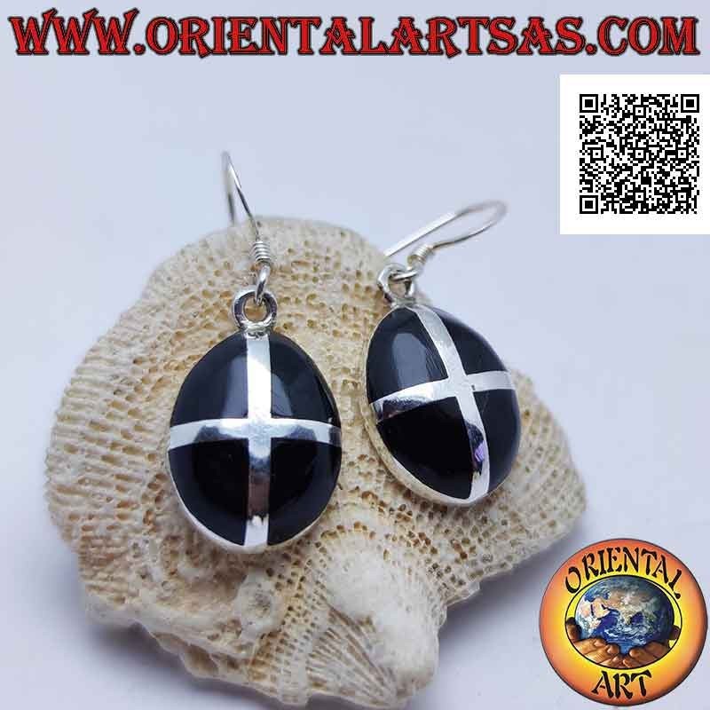 Silver earrings with cabochon oval onyx crossed by a silver cross