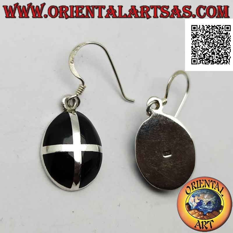 Silver earrings with cabochon oval onyx crossed by a silver cross